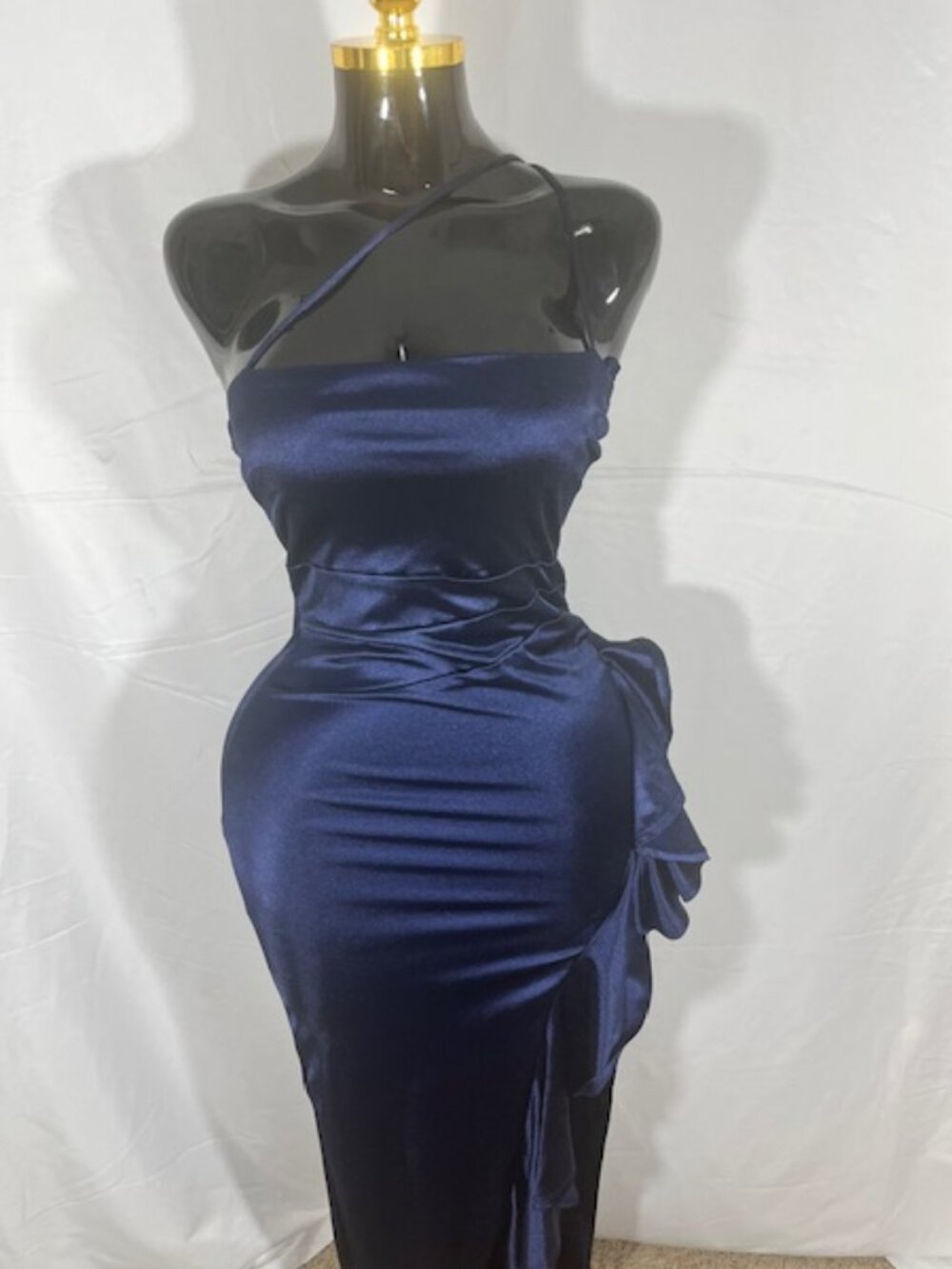 Windsor Navy Satin Ruched Bodycon Formal Dress - S